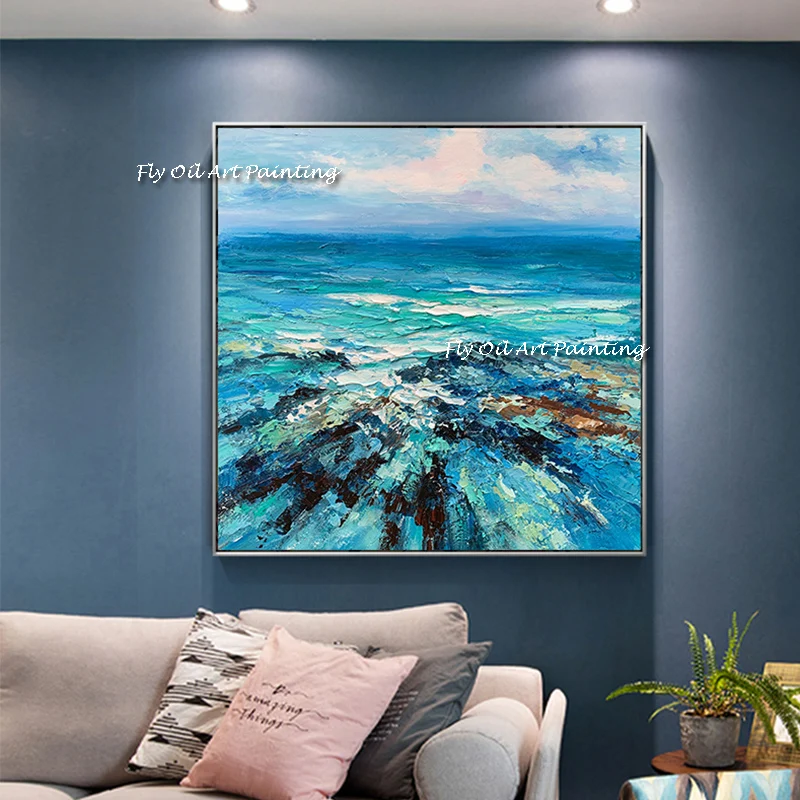

Canvas Blue Ocean 100% Handmade Oil Paintings Marine Life Tropical Island Sea Wave Wall Art Picture Navy Painted For Home Decor