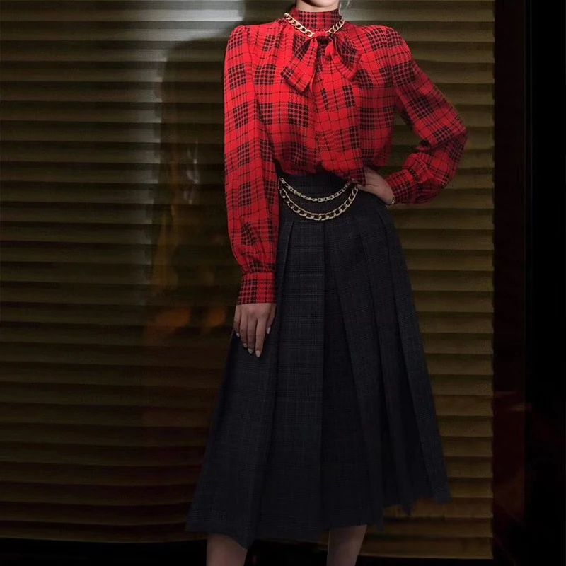 

Spring 2021 Print Checkered Bow Single Breasted Long Sleeve Shirt Chain Pleated Big Hem Half Skirt Two-Piece Suit High Quality