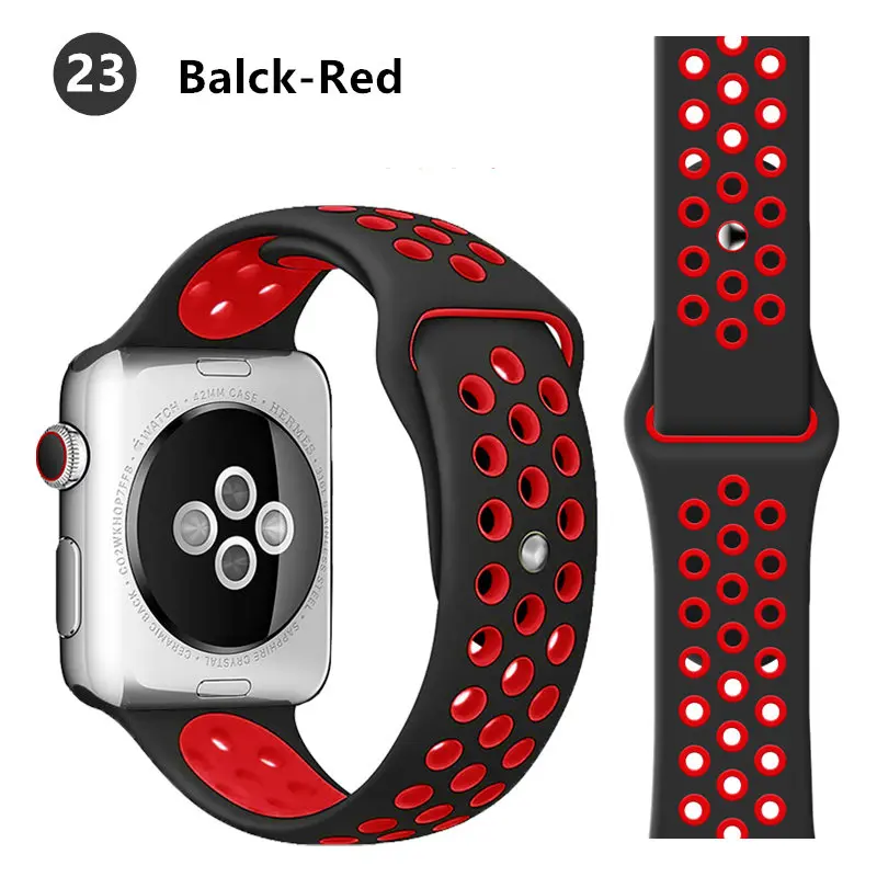 black red 23 Ремешок для apple watch band 44 мм 40 мм apple watch 5 4 3 2 iwatch band 42 мм 38 мм спортивный силиконовый браслет correa аксессуары для часов - Цвет ремешка: black red 23
