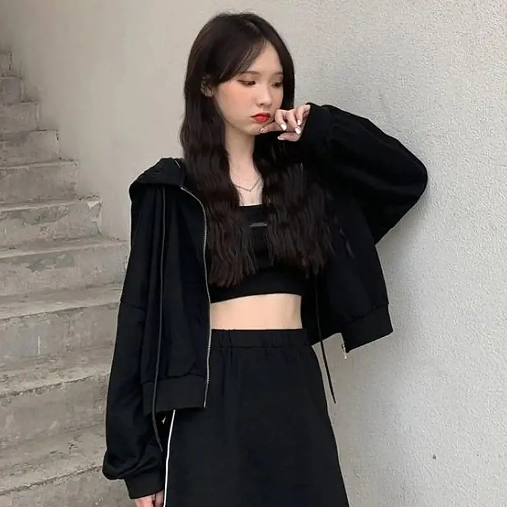 High Quality Simple Women Autumn Solid Color Long Sleeve Zipper Pocket Coat Short Hoodie Crop Top for Female