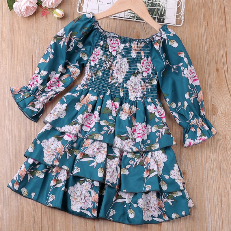 2022 Elegant Kids Flower Girls Winter Dresses Children Kids Floral Long Sleeve Clothing Girls Princess Tulle Dress Cupcake Dress
