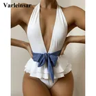 Сексуальный гофрированный Глубокий V Монокини Женская одежда для плавания цельный купальник женский с повязкой на шее Мягкий купальный костюм V3169