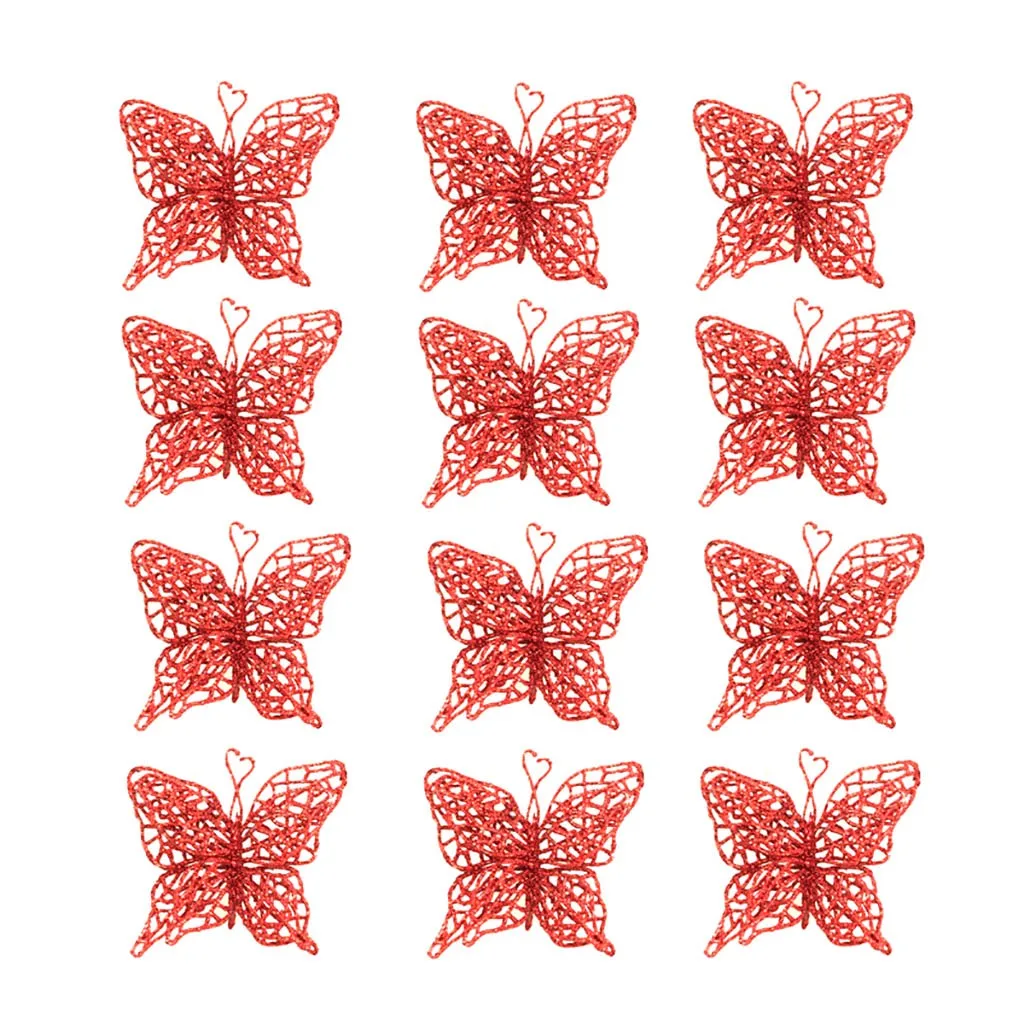 12pcs Christmas Tree Pendants Ornaments Christmas Simulation Butterfly Xmas Ornament Home Decor Gold Red color Navidad Oct - Цвет: RD