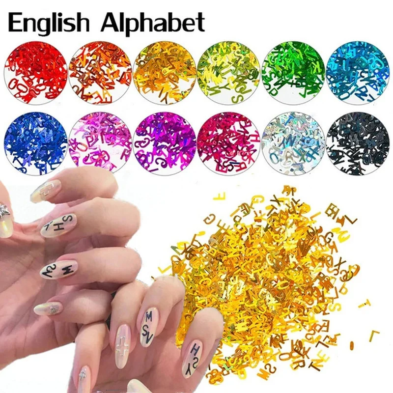

1 Bag English Alphabet Nail Sequins 3D Flakes Mixed Letters Laser Mirror Sparkly DIY Charm Nail Art Decoration Accessories
