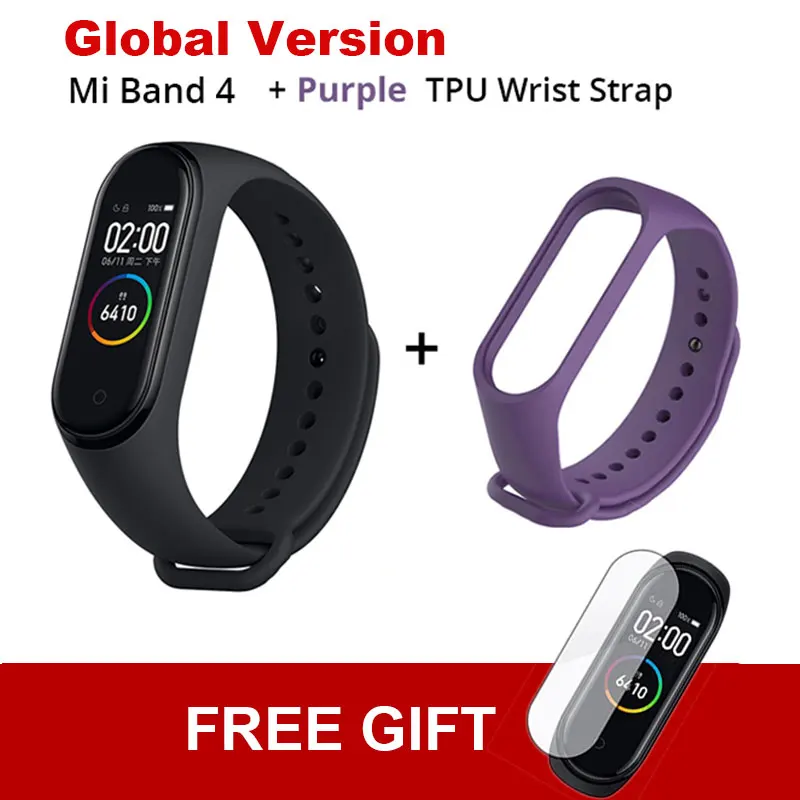 Add Purple TPU Strap Xiaomi mi Band 4 новейший mi band 4 Mp3 музыкальный цветной экран фитнес частота сердечных сокращений Bluetooth 5,0 умные часы - Цвет: Add Purple TPU Strap