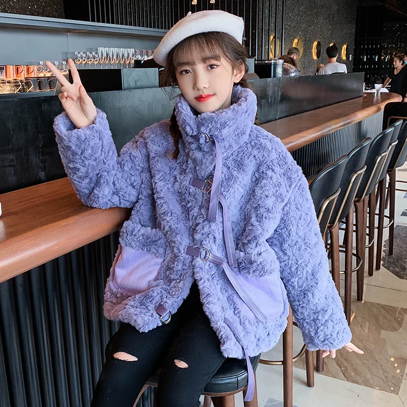 

2021 Fall Winter Children Furry Turtleneck Jacket Kids Girl Fashion Solid Color Thick Warm Outerwear Teenage Faux Lamb Wool Coat