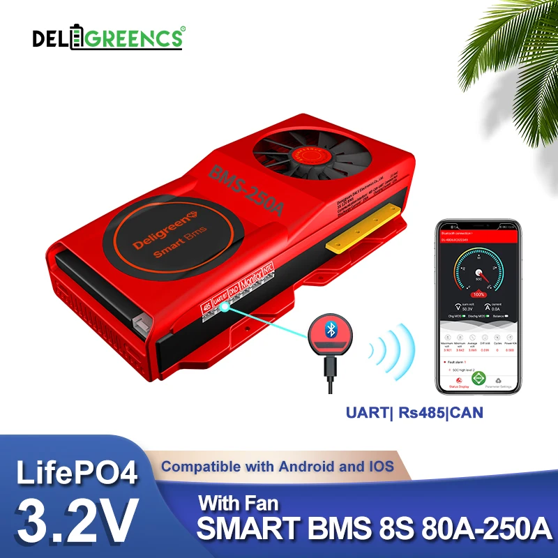 Интеллектуальный BMS 8S LiFePO4 Bluetooth с вентилятором UART кабель Rs485 связь NTC температуры