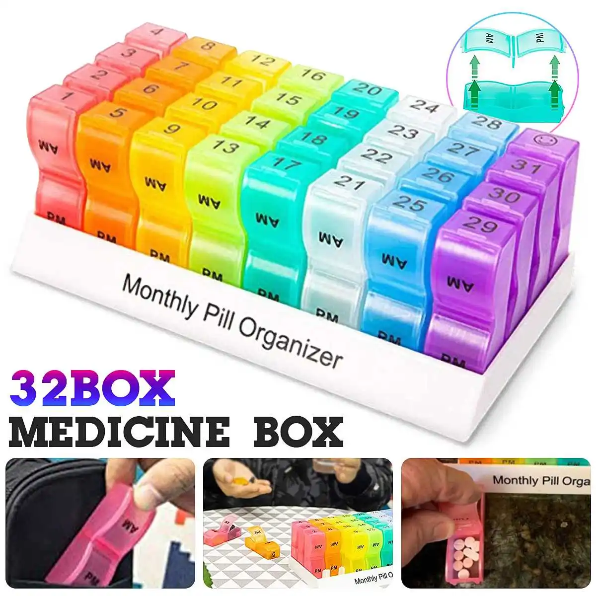 

32 Grids Monthly Pill Organizer Box Medicine Tablet Dispenser Holder Medicine Container Case Travel Daily Pill Storage Box