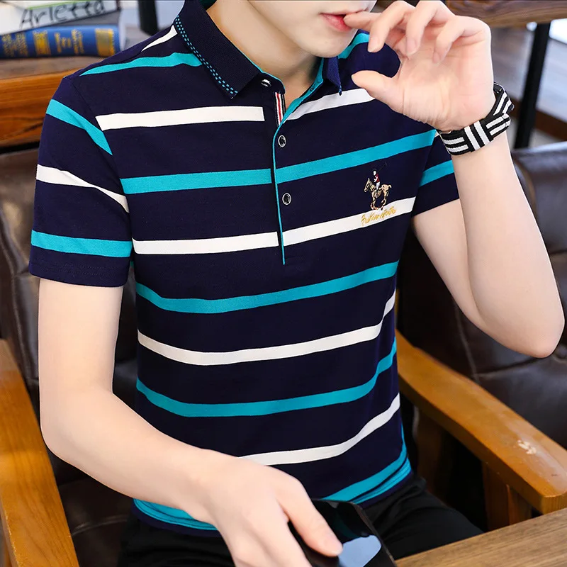 

2021 Men's Summer Fashion Embroidered Lapel T-shirt Black White Stripes Mens Business Casual Tee Short Sleeve T shirts Clothing