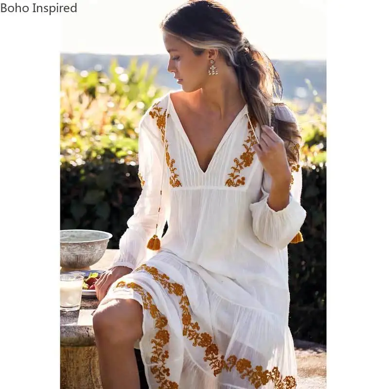 Богемный Вдохновленный цветочной вышивкой хлопок длинное платье Бохо С V