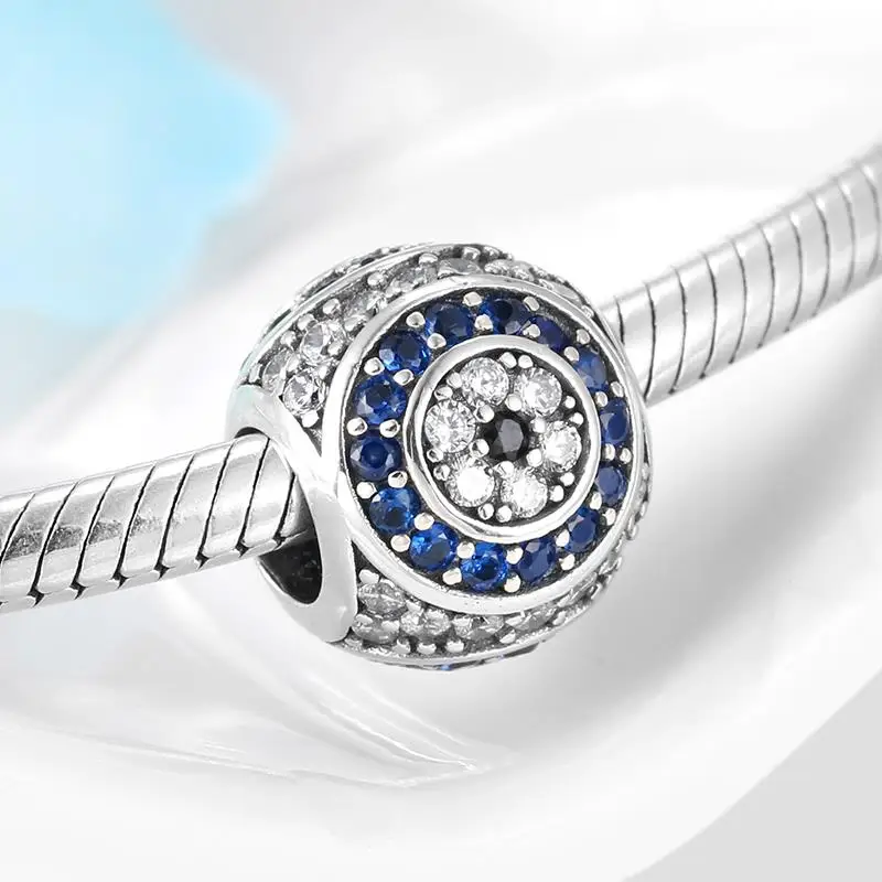 Authentic 925 Sterling Silver Evil Blue CZ Eye Charms Round Shape Beads Fit Original European Charm Bracelets Jewelry Making | Украшения и
