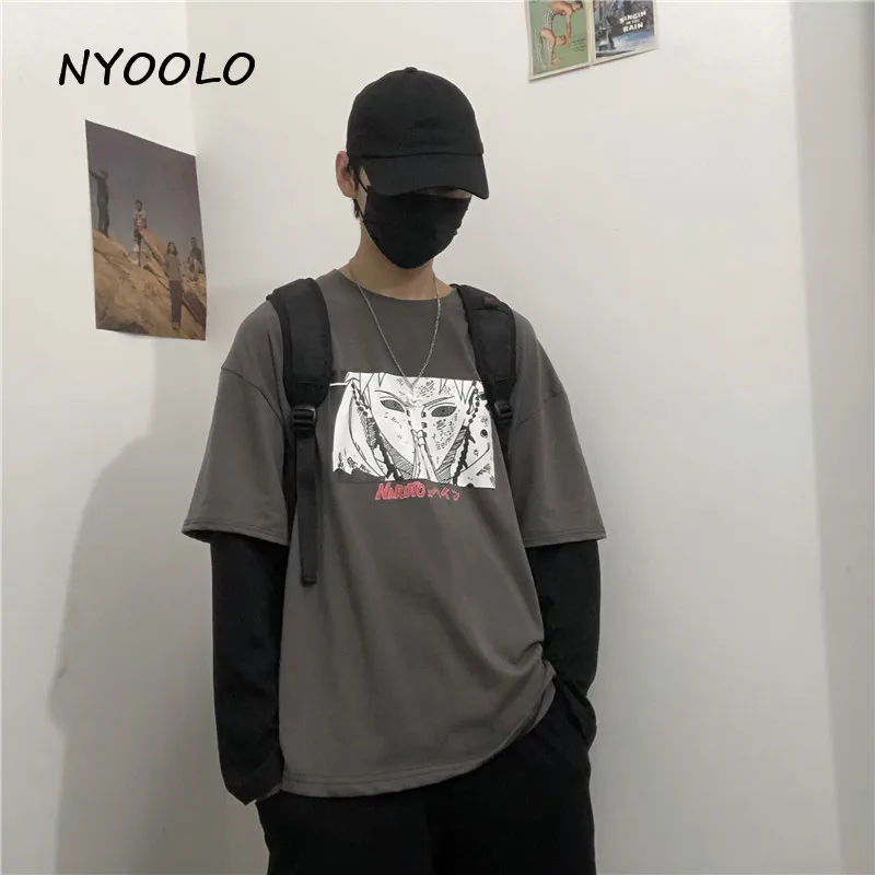 NYOOLO Harajuku Винтаж мультфильм Наруто печати поддельные 2 шт. Лоскутное Топ осень уличная одежда с длинным рукавом Футболка женская мужская одежда