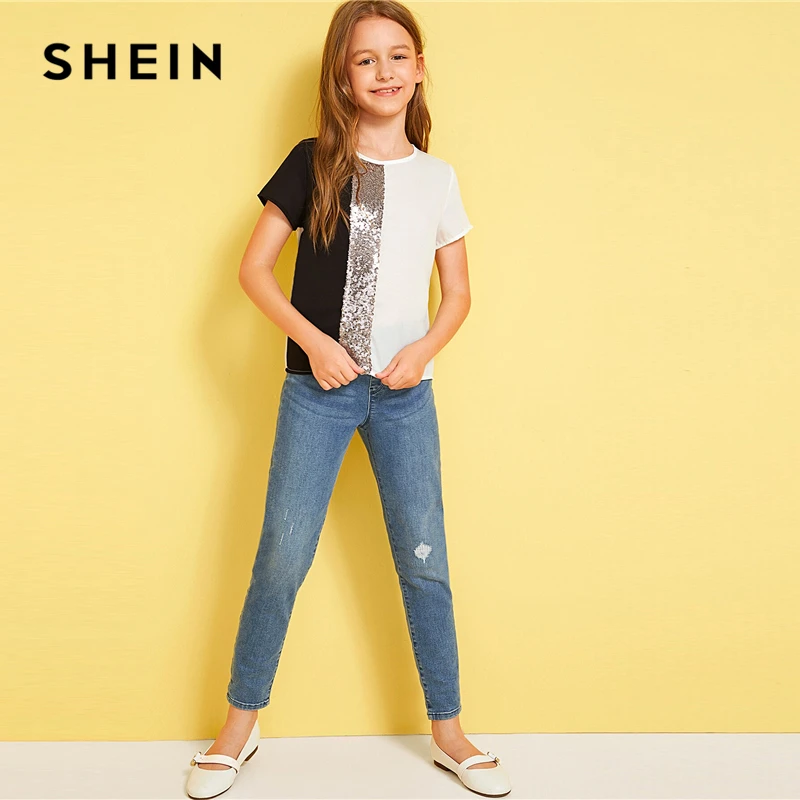 SHEIN Kiddie/Милая однотонная блузка с воротником-стойкой и оборкой для девочек детская одежда г., летний рукав-волан, топы с оборками на пуговицах сзади
