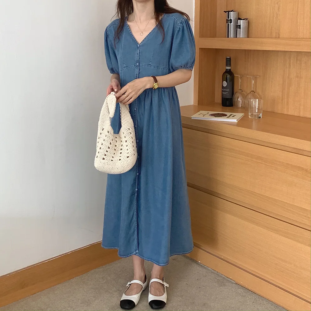 

Alien Kitty Retro French Elegance Minimalist Comfortable 2021 High Waist Deep V-neck Stylish Bubble Sleeve Denim Dress Vestidos