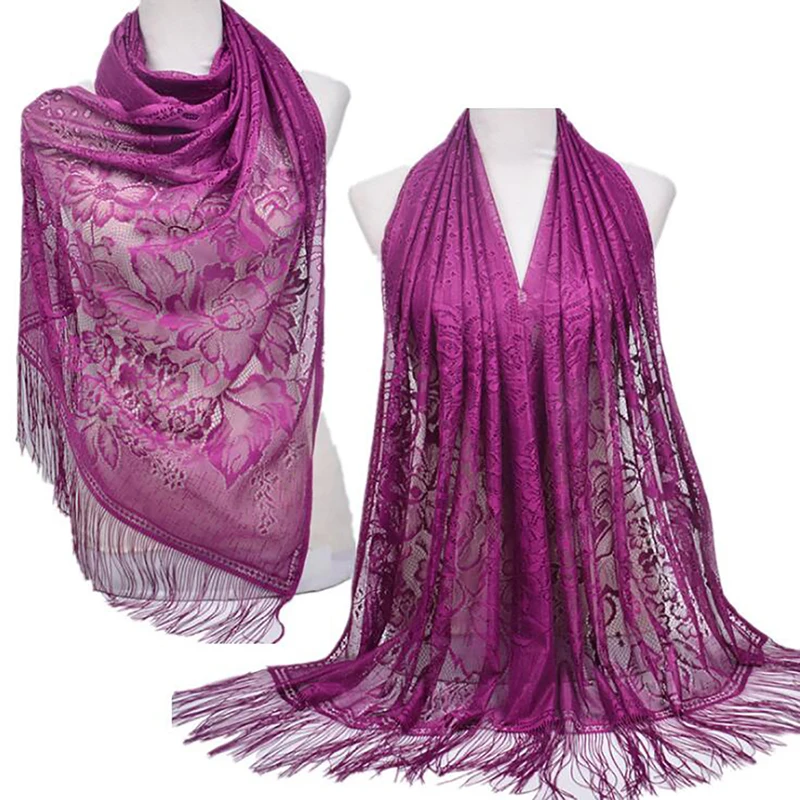 

Women Muslim Islamic Solid Color Tassel Lace Hollow Long Hijab Scarf Shawl Wraps Stole Clothing Accessories Polyester Scarf