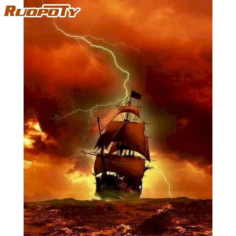 

RUOPOTY Painting By Numbers Kits Sailboat Lightning Ocean Landscape Picture By Number Handmade Modern Home Living Room Craft