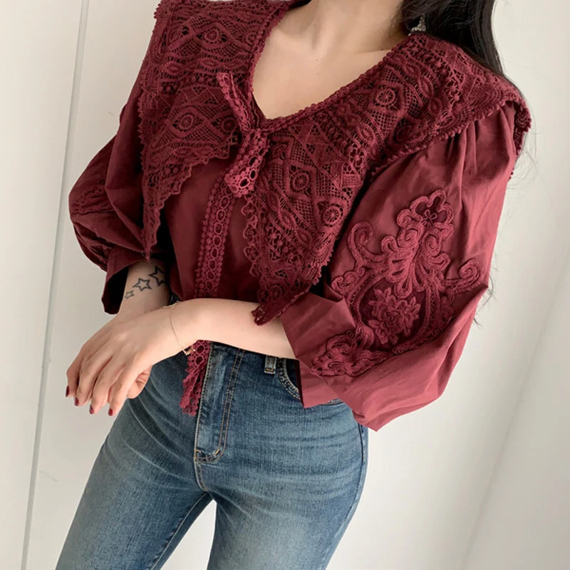 Женская кружевная блузка Элегантная с V-образным вырезом и пышными рукавами