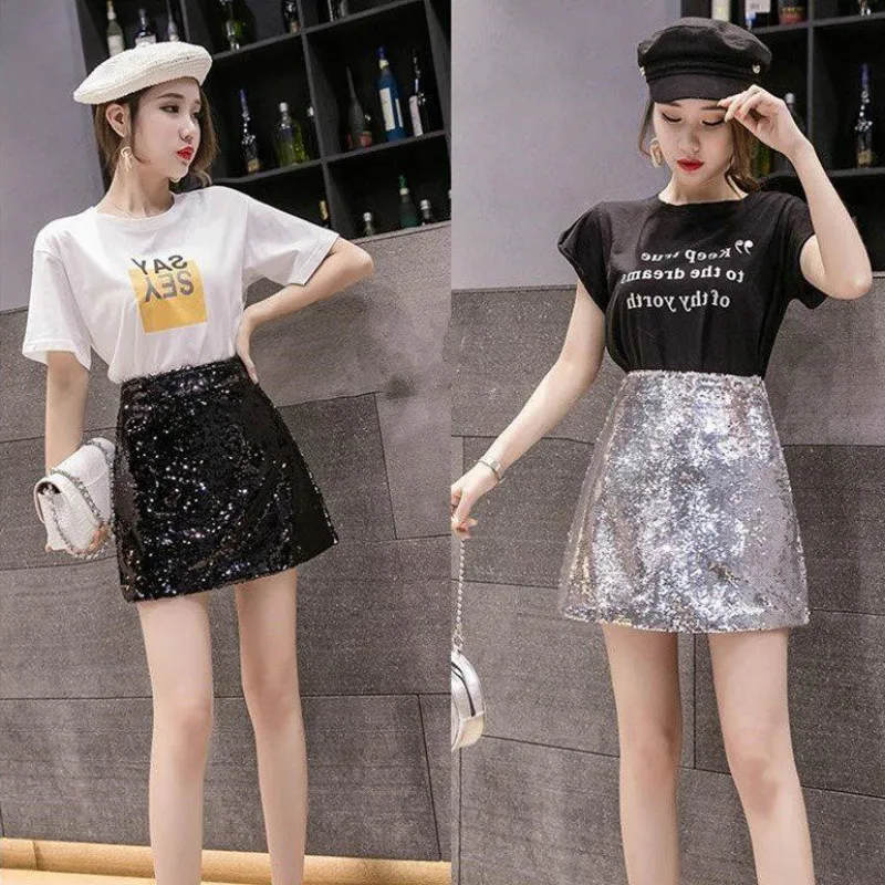 Neoploe/Корейская юбка с высокой талией и блестками на бедрах однотонная облегающая