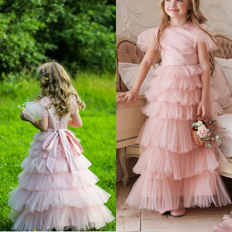 

Розовые Многослойные фатиновые Платья с цветочным узором для девочек на свадьбу, день рождения, платье-пачка принцессы для первого причаст...
