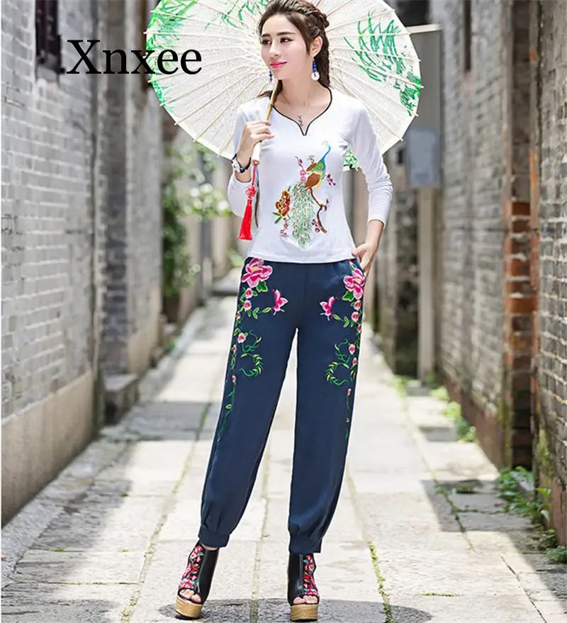 Брюки женские с вышивкой винтажные элегантные брендовые штаны в стиле Харадзюку