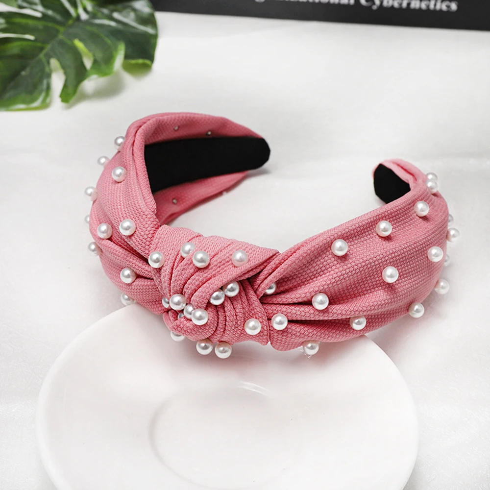 

Turban Headwear Autumn Inlay Solid Women High Quality Headband Fashion Pearls