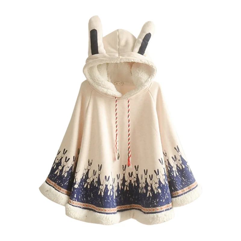 

Japanese Winter Kawaii Hoodies Girls Cute Cartoon Rabbit Ear Loose Hooded Cape Jacket Thick Fleece Casual Cloak Outerwear