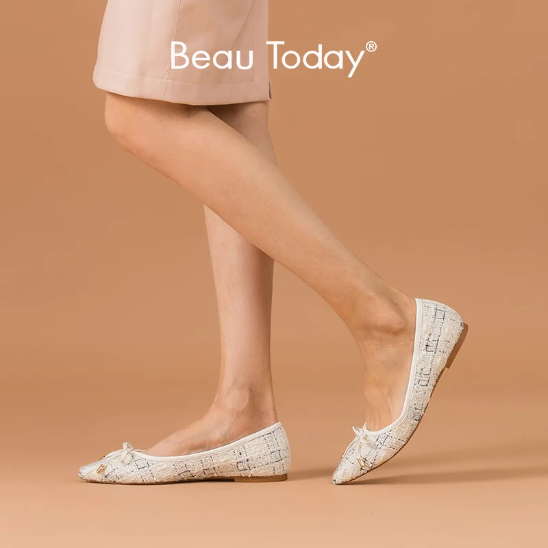 Туфли лодочки BeauToday женские на низком каблуке клетчатая ткань заостренный носок