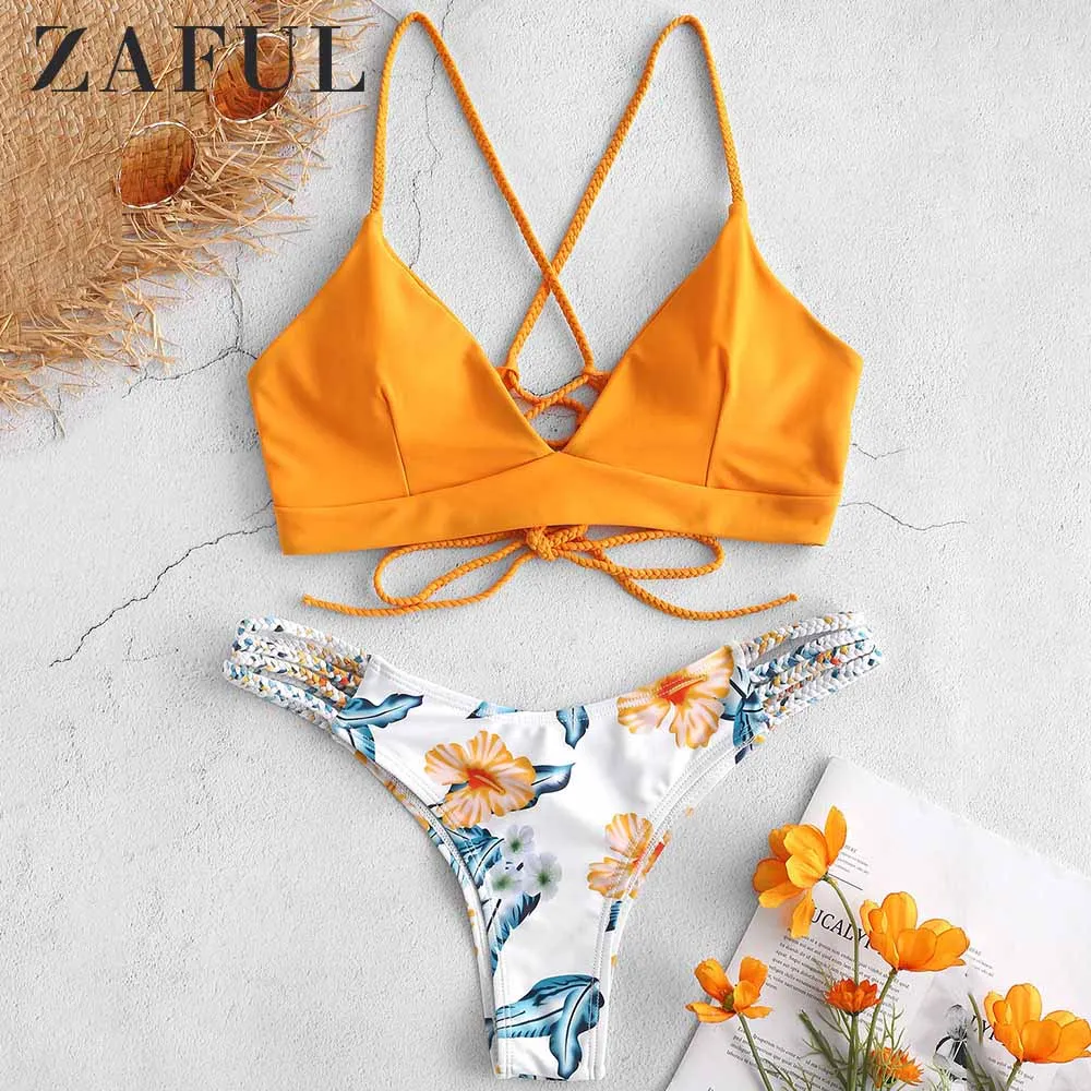 ZAFUL Плетеный Ремешок Цветочный Набор Бикини Спагетти Ремни Провода Бесплатно зашнуровать Низкий Эластичный Талия Купальник Женщины Лето 2 Шт. Наборы