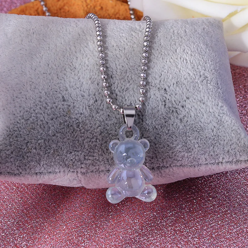 

Cute Cartoon Bear Necklace Transparent Candy Color Resin Bear Pendant