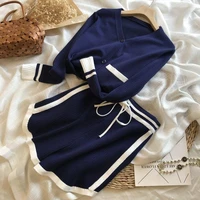 2021 autumn new product personality sports style v neck long sleeved knitted top elastic shorts suit two piece woman