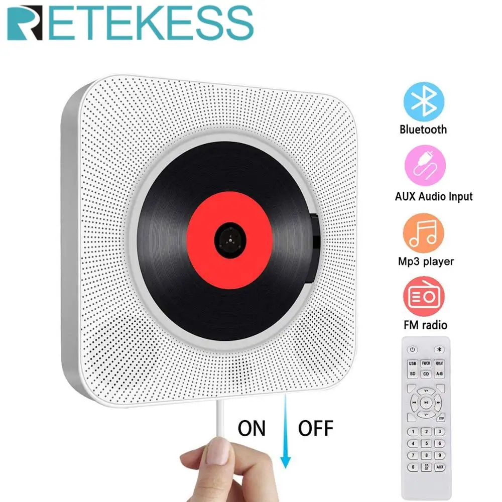Настенный CD-плеер Retekess TR609, объемный звук, fm-радио, Bluetooth, USB, MP3 диск, портативный музыкальный плеер, пульт дистанционного управления для дома - изображение