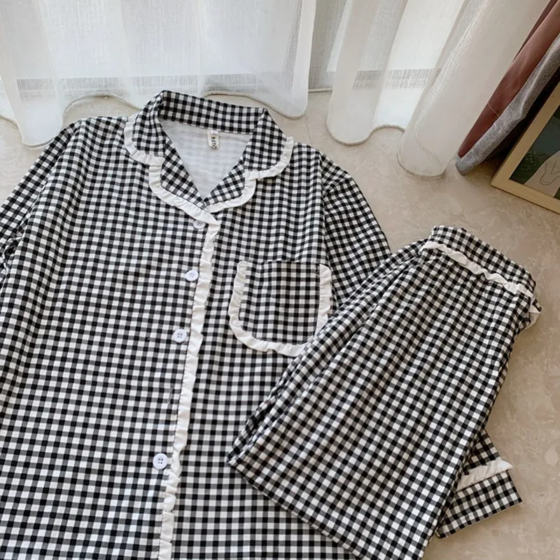 

Women Cotton Homewear Japanese Style Plaid V Neck Pajamas Set Ladies Princess Harajuku Sleepwear Student Girls Leisure Pijama