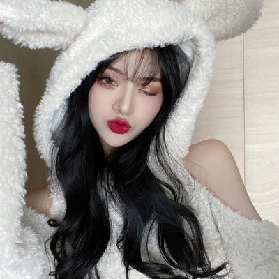 

Off Shoulder Loose Plush Mid Length Hooded Women Korean Harajuku Cute Ears Pullover Women Thicken Sweatshirt Autumn Winter Tops