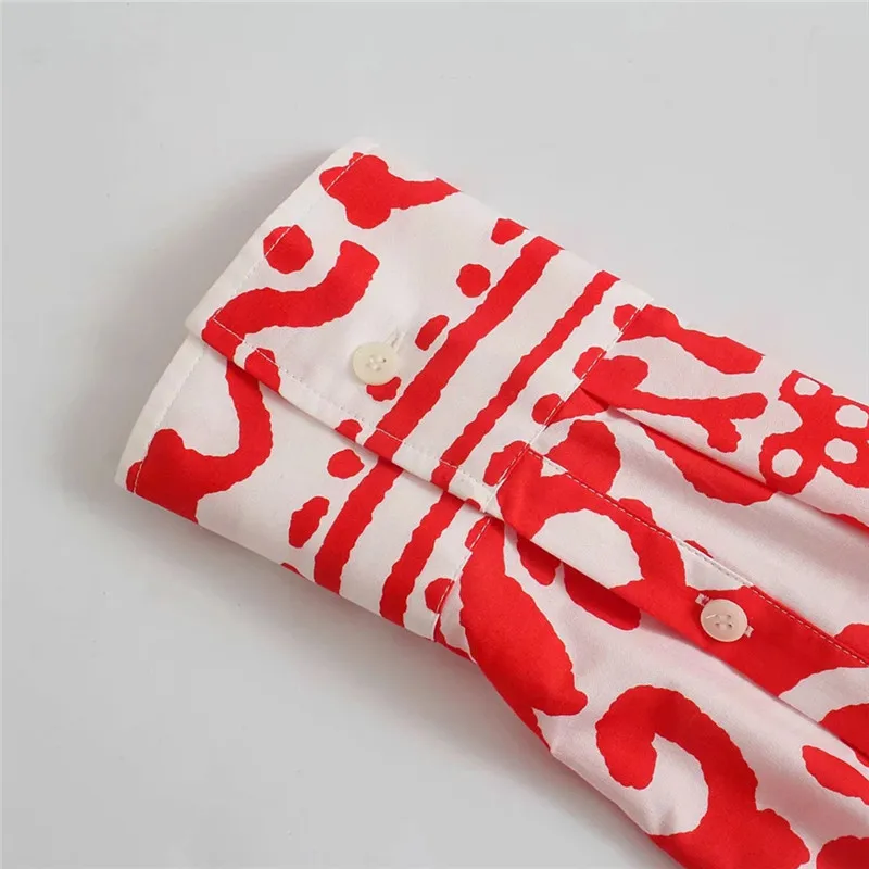 TRAF Za Женская рубашка красная блуза 2021 модный принт Лето воротник Длинная для