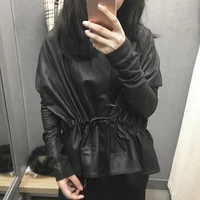Women Black Genuine Leather Jacket Sheepskin Leather Coats 2020 Drawstring Bat Sleeve Slim Short Korean Fashion Outerwear 1641