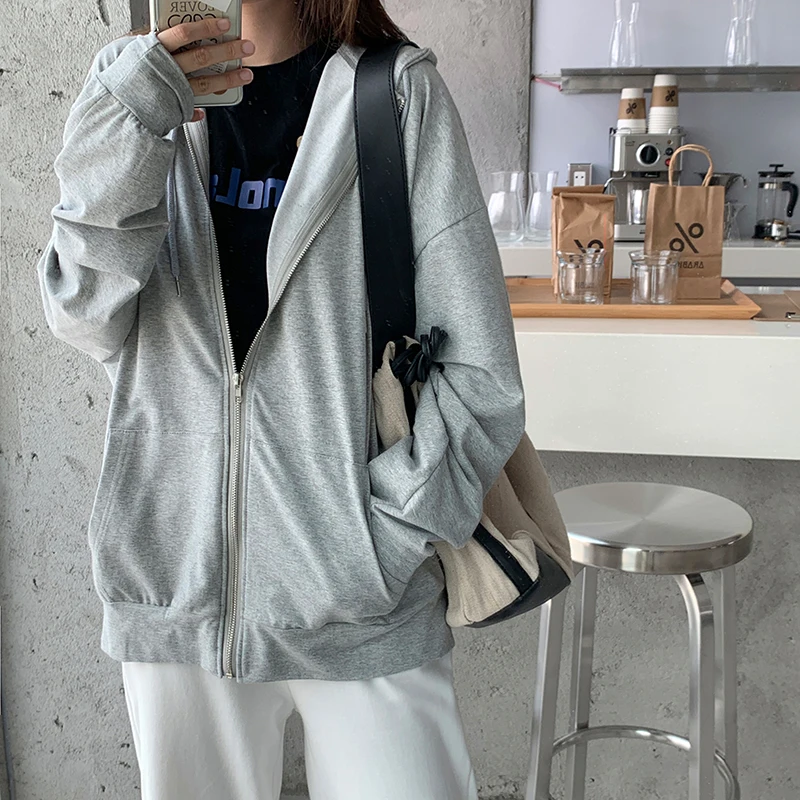 

Hoodie Women Korean Version Loose Thin Long-sleeved Hooded Sun Protection Coat Solid Color Retro Shirt Student Girl Top