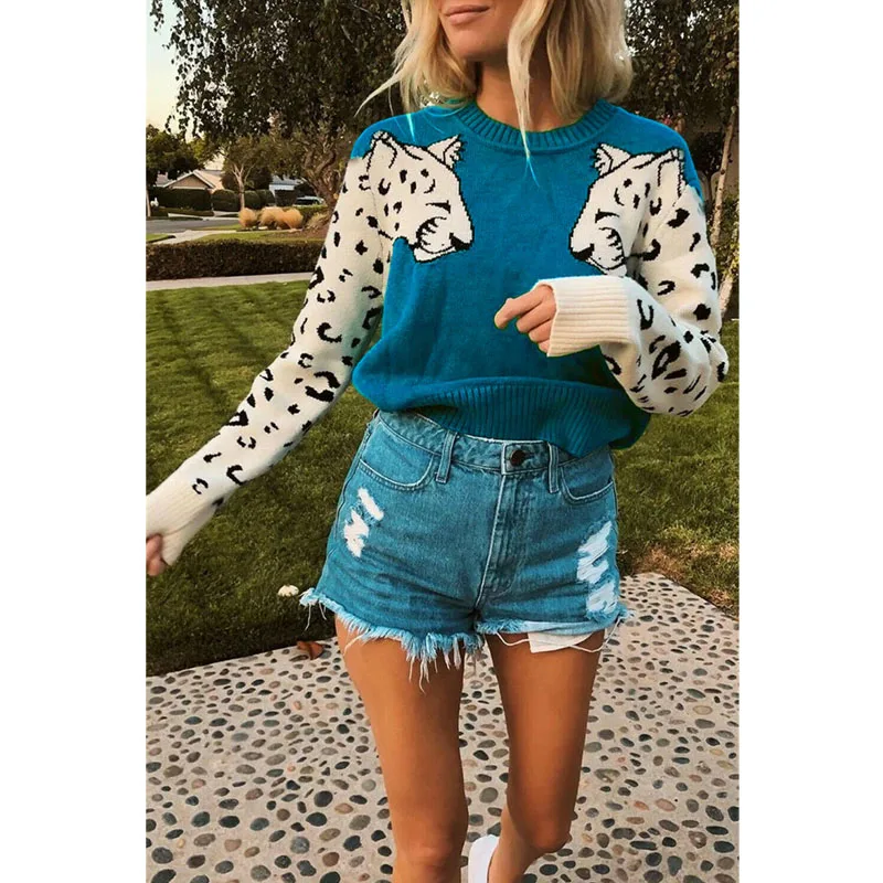 Женский вязаный свитер с длинным рукавом леопардовым принтом | Женская одежда