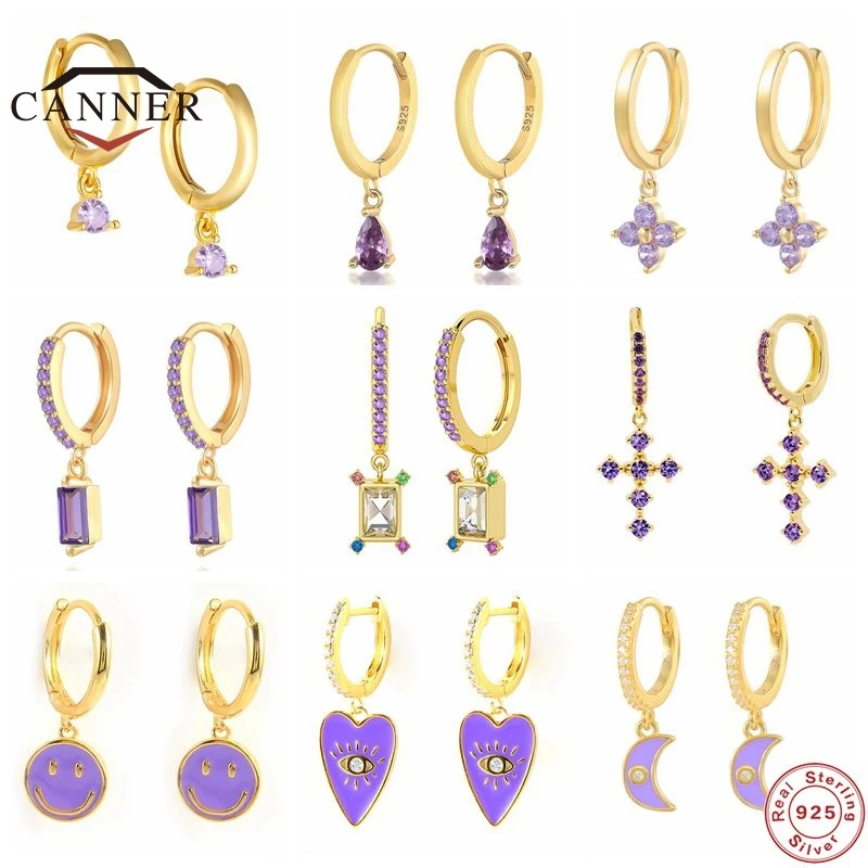 

CANNER Purple Zircon Crystal 925 Sterling Silver Pendients Plata Pendant Drop Earrings for Women Men Piercing Earring Jewelry