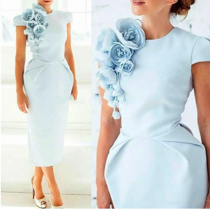 

Elegant Formal Evening Dresses with Hand Made Flower Pageant Capped Short Sleeve 2021 Tea-Length Sheath Prom Party Cocktail Gown