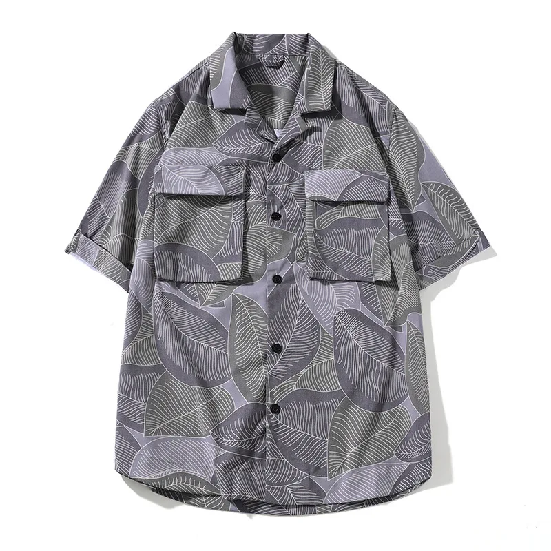 

2021 Leaf Pattern Flower Shirt Men's Short Sleeve Tooling Casual All-match Loose Shirt Summer Wear Camisas Para Hombre