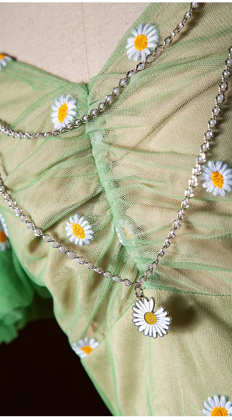 

Elegant Party Women Dresses 2020 Summer Ladies Sexy V-Neck Sunflower Embroidery Crystal Beading Chain Deco Green Mesh Dress