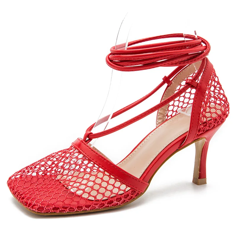 

Women's high heeled sandals with straight new cross strap net top and thin heel