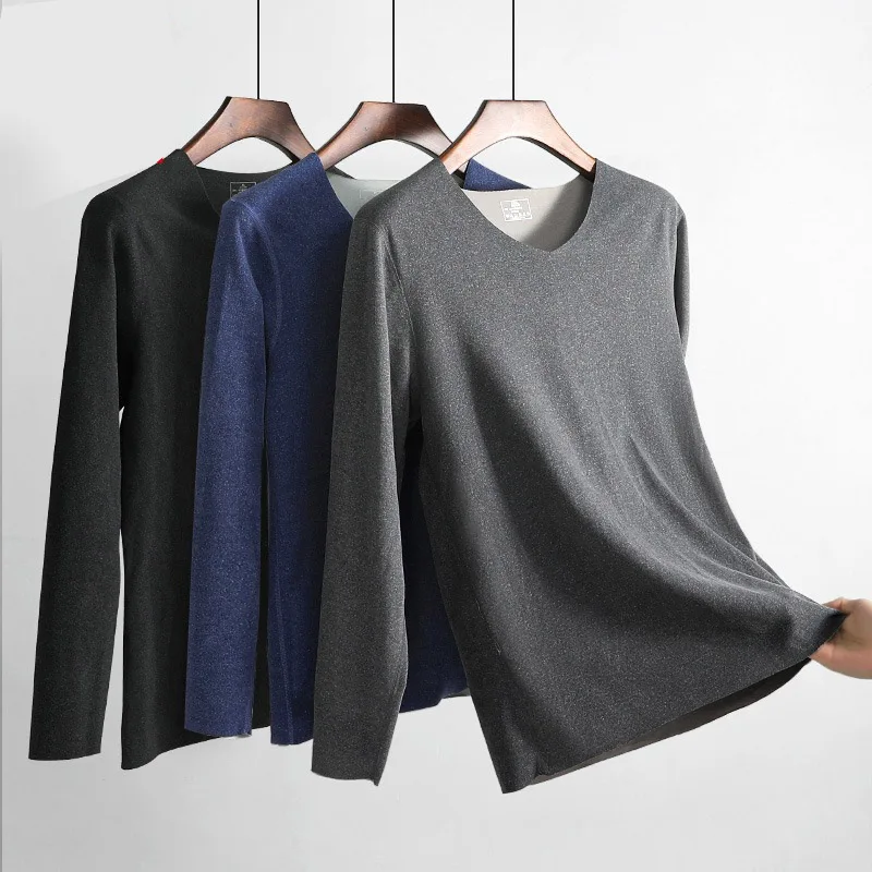 Men's Thermal Underwear Men Long Johns Thin Autumn Winter Plus Velvet Warm Bottoming Shirt Male Fashion V-neck Seamless Tops Tee