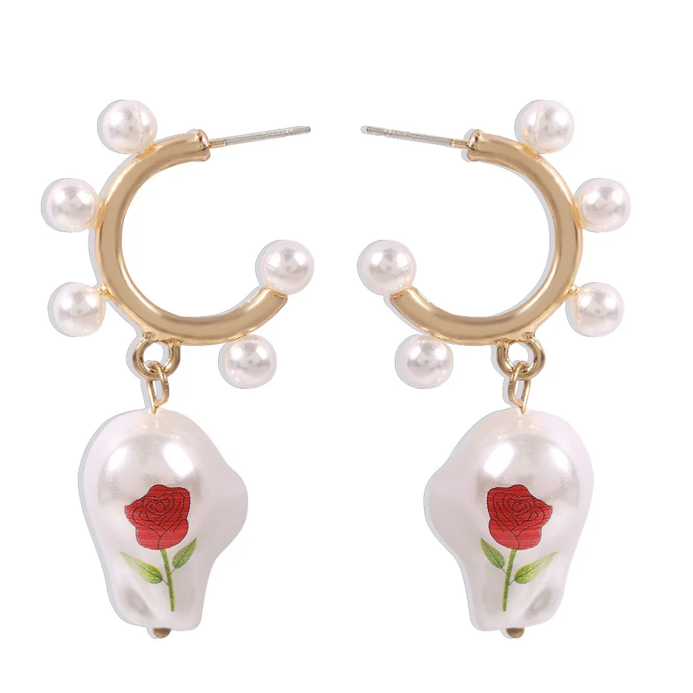 

Baroque Pearl Dangel Earrings for Women Bohemia White Pearl Circle Hoop Earrings Sexy Rose Flower Drop Ear Rinns Charm Jewelry