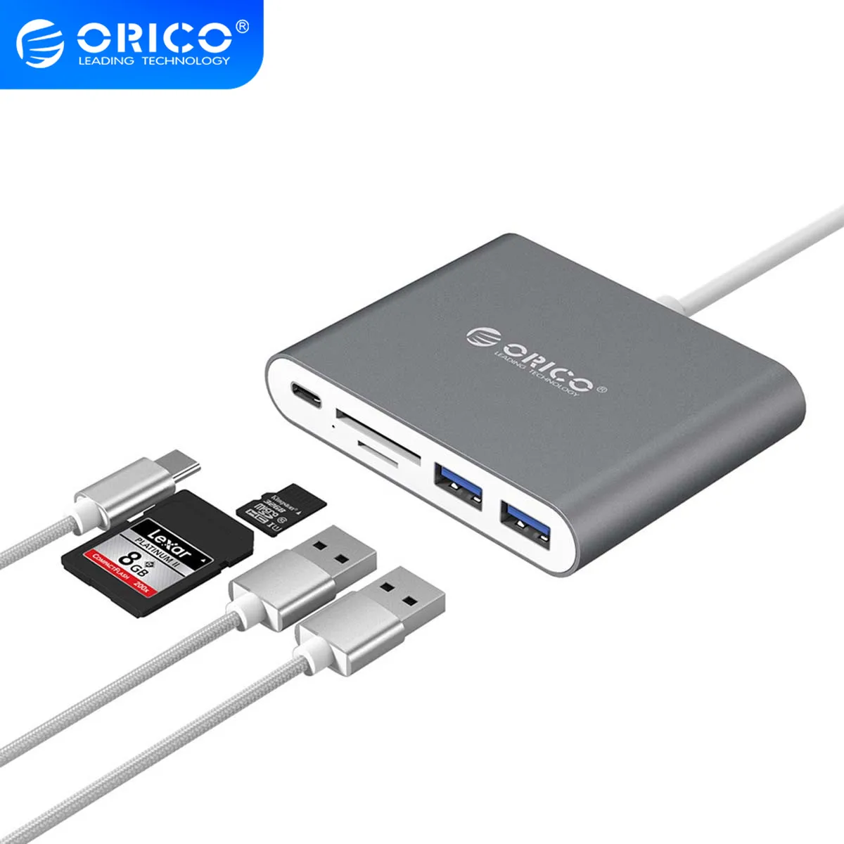 Алюминиевый Концентратор ORICO Type C с кардридером USB3.1 Gen1 2 портами USB 3 0 поддержка