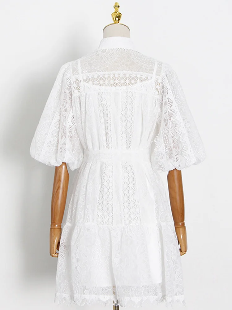 

Pure color lapel lantern sleeves straps waist cutout lace dress ladies summer new style temperament loose big hem Puff skirt