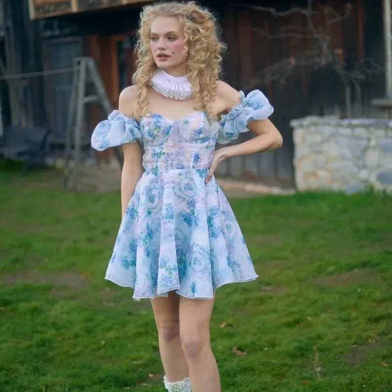 

2021 Summer Women's Hedging Short-Sleeved Square Collar Palace Print Net Yarn Corset Organza Puff Sleeve Dress Princess Dress
