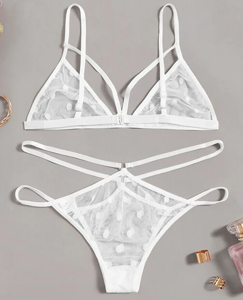 

Women Sexy Lingerie Exotic Sets Lace See Through Strappy Cut Out Lingerie Set Polka Dot Bra Push Up Thong 2 Piece Sets