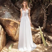 bohemian wedding dress 2022 lace appliques sleeveless bridal gowns for women a line deep v neck backless tulle floor length
