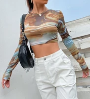female crop tops adults floral print round neck long sleeve t shirt pullover for summer